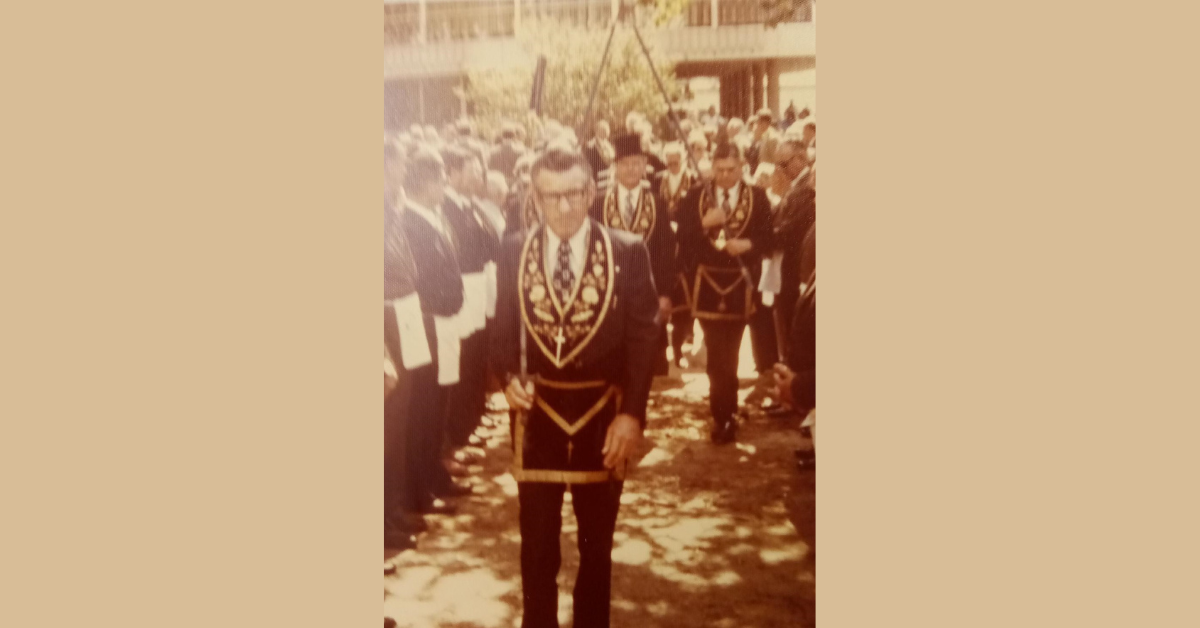 Back in September 1974, the Merced Council of the Knights of Columbus took part in the cornerstone ceremony for the new Merced County Administration Building in 1974. They joined Merced's Masons group in front of the Administration Building in a show of unity. Photo credit: St. Teresa of Calcutta Council, Knights of Columbus