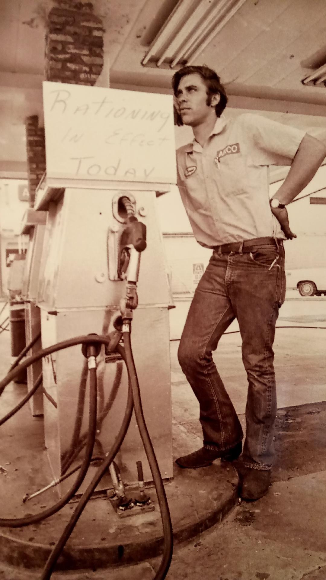 This ARCO station attendant stands next to a gasoline pump in 1973 Merced. Gas rationing started shortly after the Arab Oil Embargo began. Photo: Merced Courthouse Museum