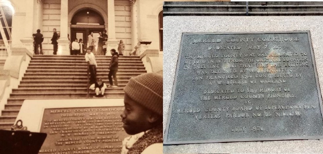 Courthouse Plaque. (Left) Local student Darcy Bentley looks at the plaque in front of the Courthouse Museum. A group known as the Merced Lawyer’s Wives conducted the first Courthouse Tour in 1973, (Right) The plaque remains in place with only the weather wearing the finish. Left photo: Merced Courthouse Museum. Right photo: Steve Newvine