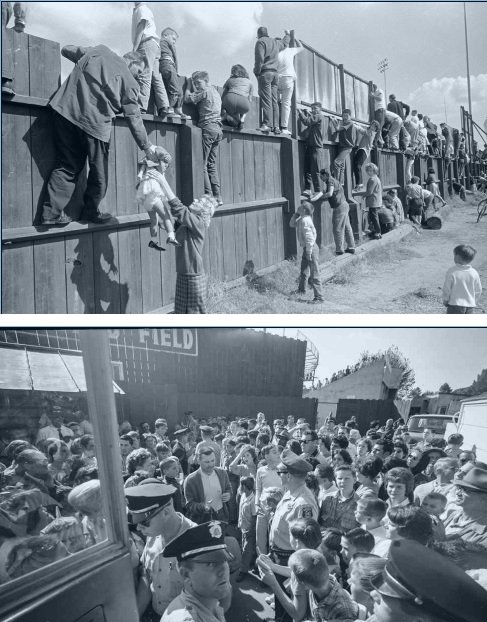  Central Valley fans maneuver to get a view of the Yankees and the Giants as they play an exhibition during the World Series of 1962. The teams were rained out due to typhoon Freda in the Bay Area and they needed a professional field for workouts. Photo: HistoricModesto.com 