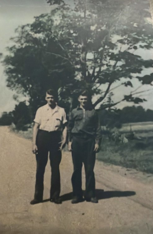  Charlie (left) with his younger brother Chet Dean. Both men went off to war. Chet died in a training accident a day after D-Day, June 8, 1944. Photo: Newvine Personal Collection   