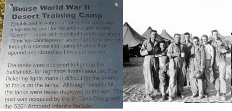 Left: plaque marking the Bouse WW II Desert Training Camp where my great-uncle Chester T. Dean and his unit trained on the Canal Defense Light tank project. Right: Unidentified soldiers from the 399th Engineer Battalion who also trained at that location. Photos: deserttrainingcenter.com