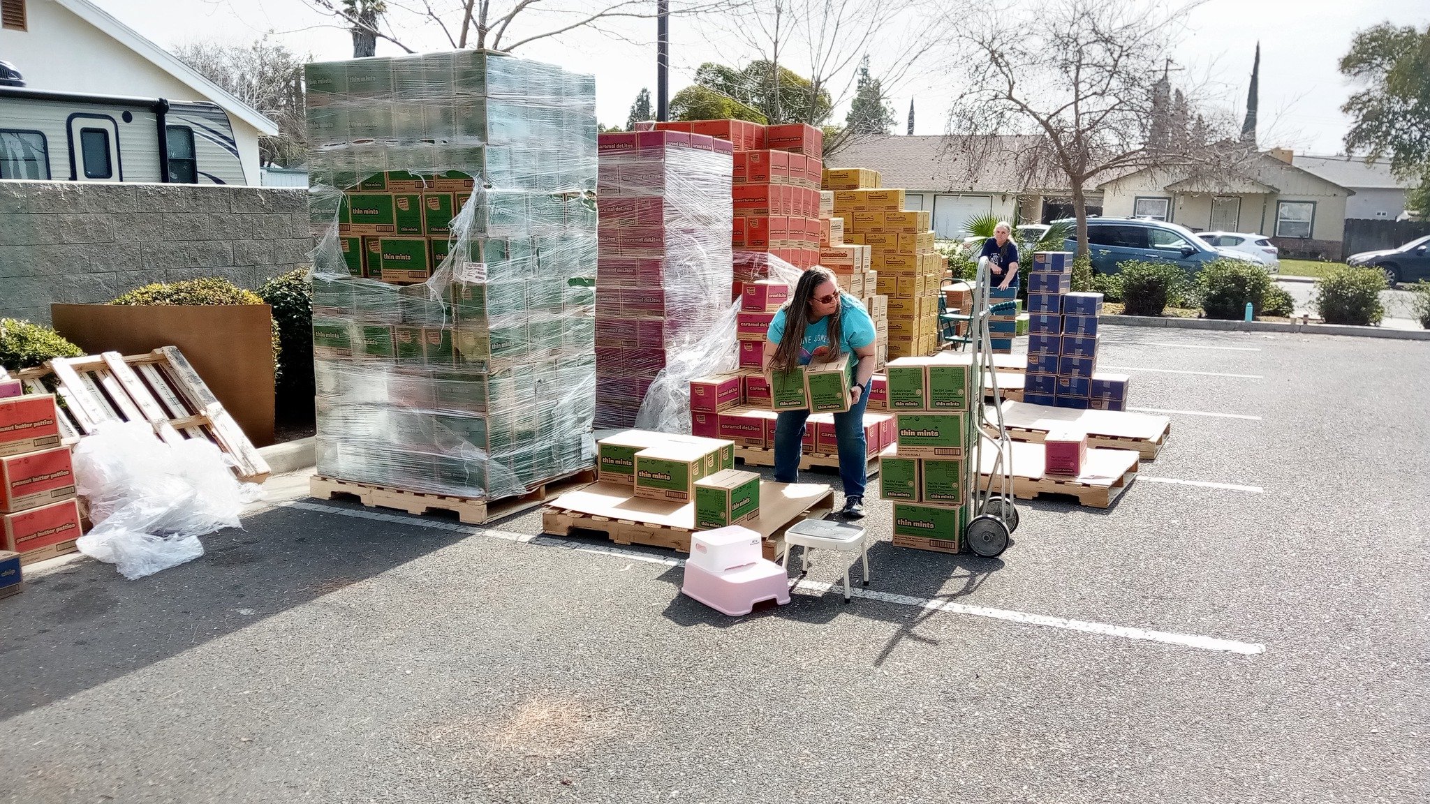  Pallets loaded with over twenty-six hundred cases of Girl Scout cookies were delivered on a weekday morning in late February to a parking lot behind  Raley’s Plaza.  Leaders filled their vehicles to distribute to the seventeen troops in Merced County for this year’s cookie sale.  Photo:  Steve Newvine 