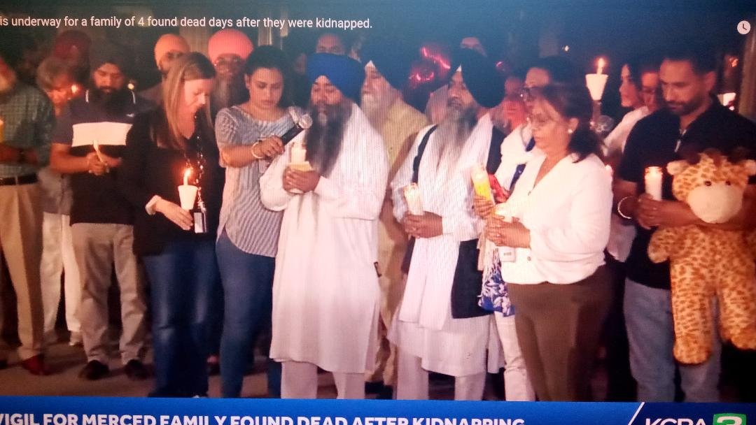Bob Hart Square on Main Street in Merced has been transformed to a community memorial for Aroohi Dheri, her parents Jasleen Kaur, and Jasdeep Singh, and her uncle Amandeep Singh. Photo: KCRA/YouTube