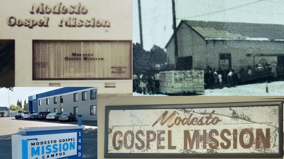  Two of the early locations of the Modesto Gospel Mission. (lower left) The organization is now on Yosemite Avenue in the City. (lower right) An early sign for the Mission. Archive photos: Modesto Gospel Mission archives.  