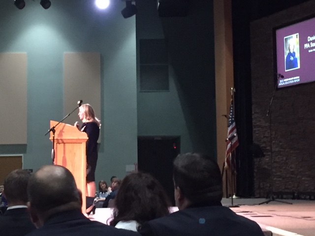  Danielle at MCOE, Caption:  Future Farmers of America State Reporter Danielle Diele speaks before three-hundred guests at the Merced County Office of Education Annual Education Report luncheon in Merced.  Photo by Steve Newvine 