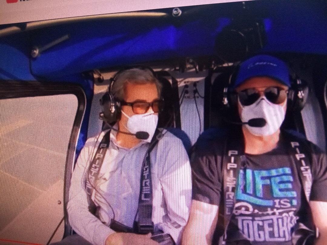  Joseph Oldham pilots the Pipistrel Alpha Trainer with NOVA correspondent Miles O’Brien in a segment from the “All Electric Airplane Race” broadcast aired earlier this year on PBS.  Photo from the NOVA segment. 