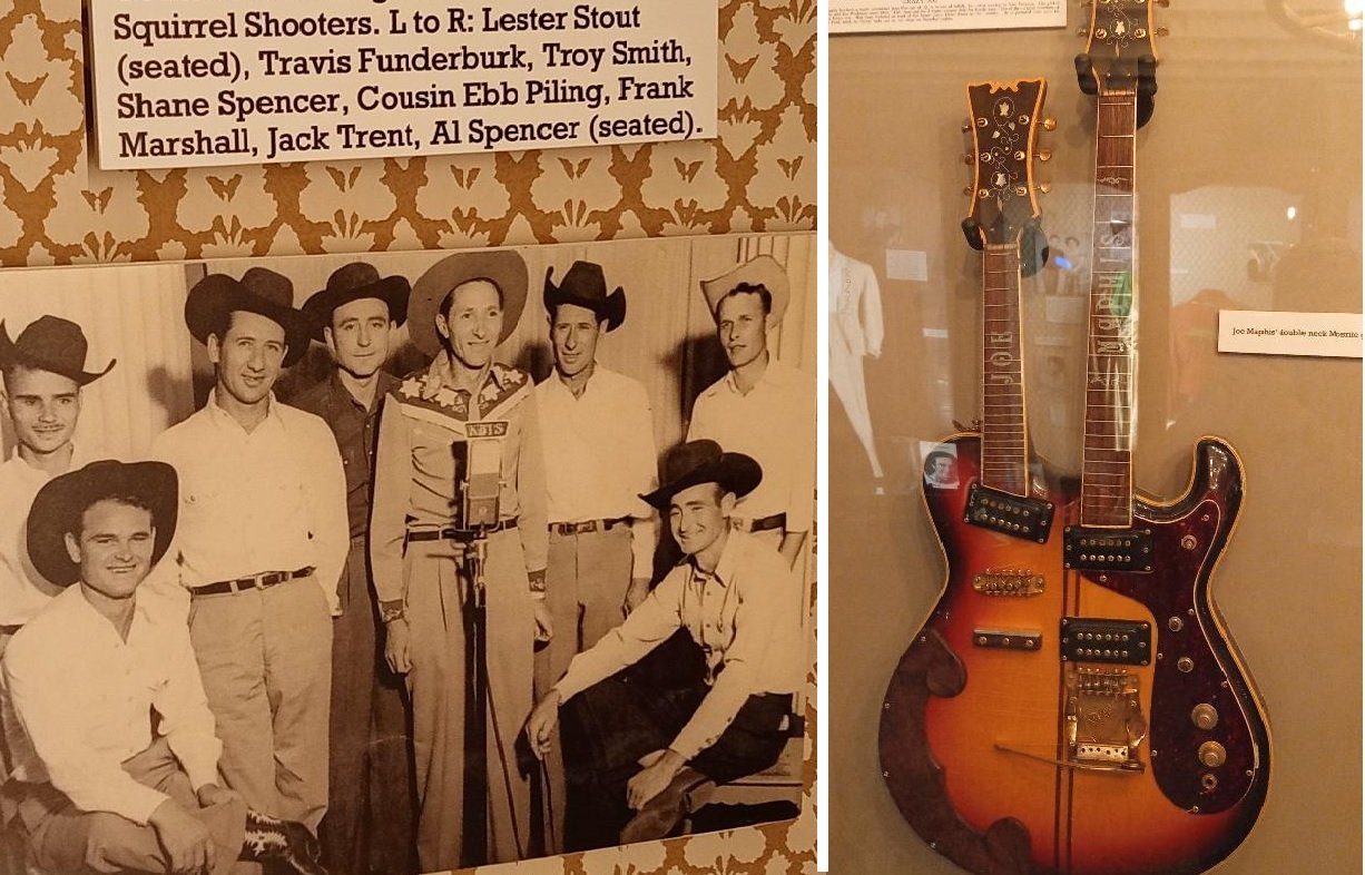  (left) The Bakersfield Sound exhibit pays tribute to some early performers, such as Ebb Piling and the Ozark Squirrel Shooters. (right) The double-necked electric guitar created and played by performer Joe Maphis is also part of the collection at the exhibit at the Kern County Museum. Photos: Steve Newvine 