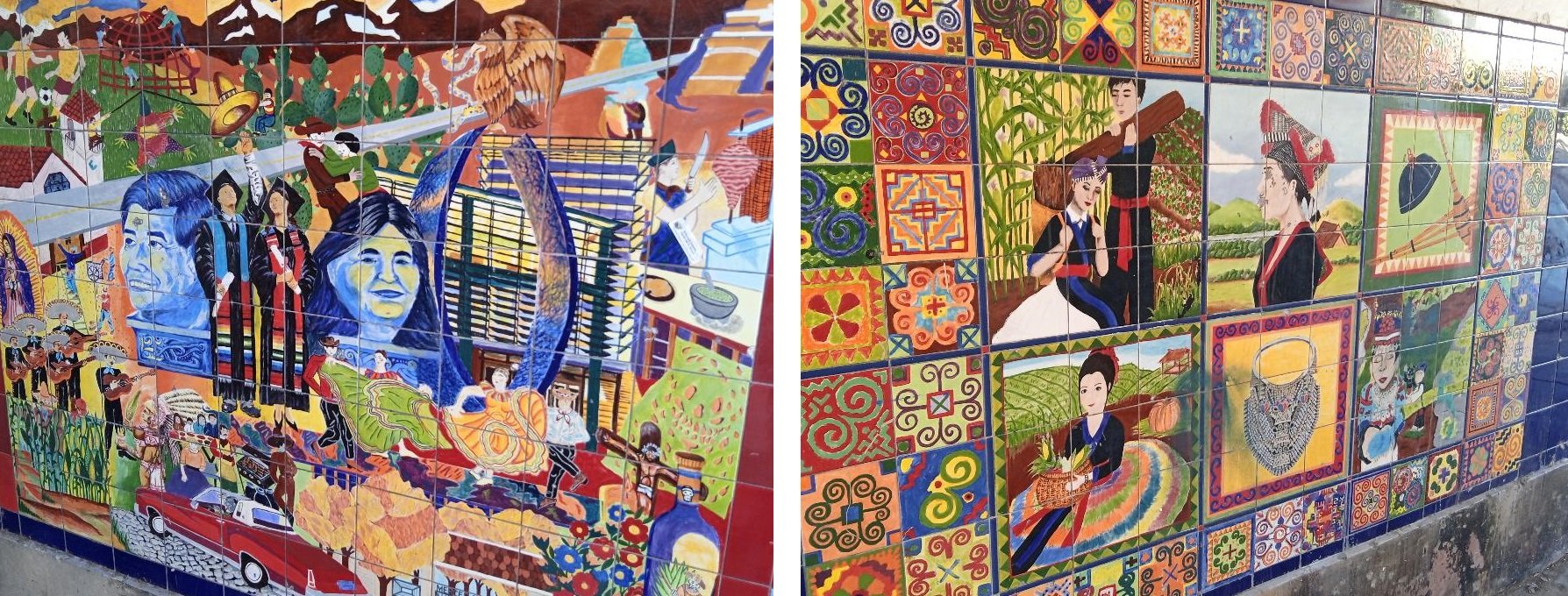 Artwork along the north sidewalk of the G Street Rail Underpass include tributes to Merced’s Hispanic and Hmong communities. Photos: Steve Newvine